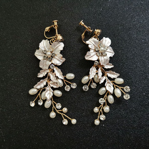 SLBRIDAL Handmade Rhinestones Crystal Pearl Flower <strong>Clip</strong> <strong>on</strong> Wedding Dangle <strong>Earring</strong> Bridal Chandelier <strong>Earring</strong> Women <strong>Girls</strong> Jewelry - Product Image 2