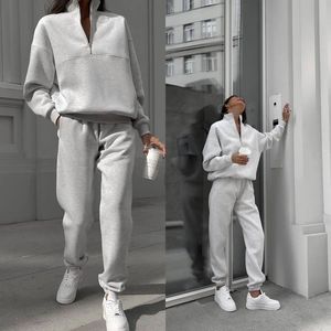 <strong>Women</strong> <strong>Fleece</strong> Two Piece Pants Set Solid Long Sleeve Zipper Tracksuits Autumn Winter Warm Female Pullover Sweatsuits - Product Image 4