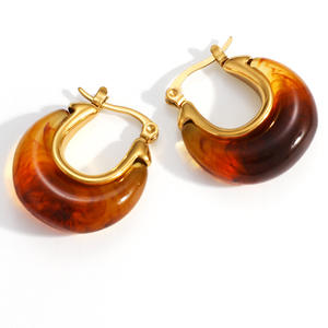 Pendientes de Aro con Resina Ámbar, Chapados en Oro de 18k, Forma de U, Ovalados, Joyería de Moda - Product Image 5