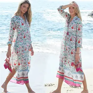 Beautiful Bohemian Floral Chiffon Long Sleeve Kaftan Beach Dress Summer Holiday Dress