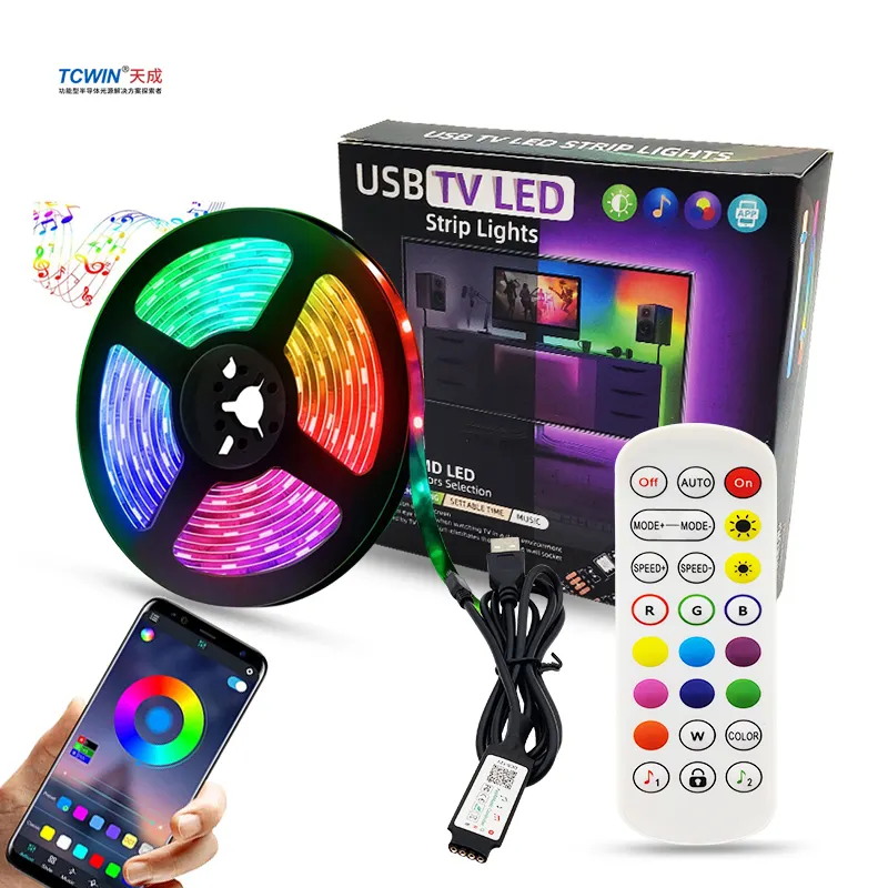 Strip Lampu Latar Tv Led 5050 Tali Fleksibel Rgb Sinkronisasi Musik Remote APP 2M 3M 5M Lampu Dekorasi Festival 5V Pita Suara Cerdas