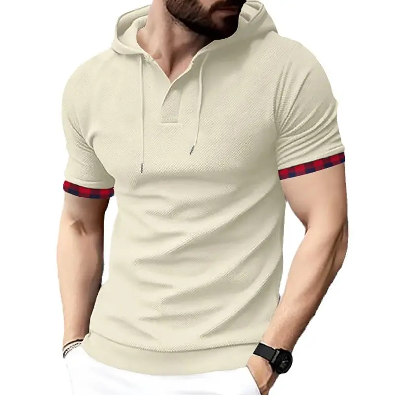 Erkek rahat bahar yaz v yaka spor T-shirt çizgisiz Waffle Hoodie kısa kollu tişörtü Polyester Tops