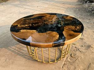 Mesa de centro de resina con forma redonda, tablero de madera maciza y base de metal dorado. Precio al por mayor, contacte ahora. - Product Image 6