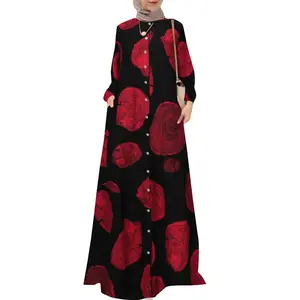 Großhandel maßge schneiderte große Größe Frauen Baumwolle Leinen gedruckt Rundhals ausschnitt muslimische Kleidung lässig Vintage Langarm Robe Kleider