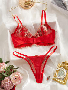 Ensemble de lingerie sexy pour femmes, soutien-gorge et culotte, broderie florale rouge exotique, string transparent, babydoll - Product Image 4