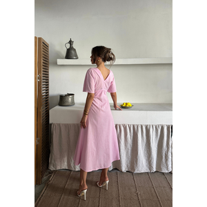Robe en lin à col en V boutonnée sur le devant, rose, décontractée, longueur midi, taille S - Product Image 3