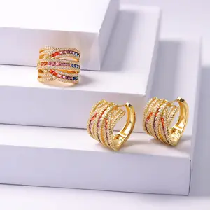 Hot Sale Jewelry Set Gifts 18k Gold Plating Bling Colorful Zircon Ring Earrings Set