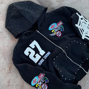 Sweat à capuche zippé surdimensionné personnalisé Sweat-shirt vintage pour homme avec broderie à l'acide et appliques, patch Streetwear avec strass et graphique - Product Image 2