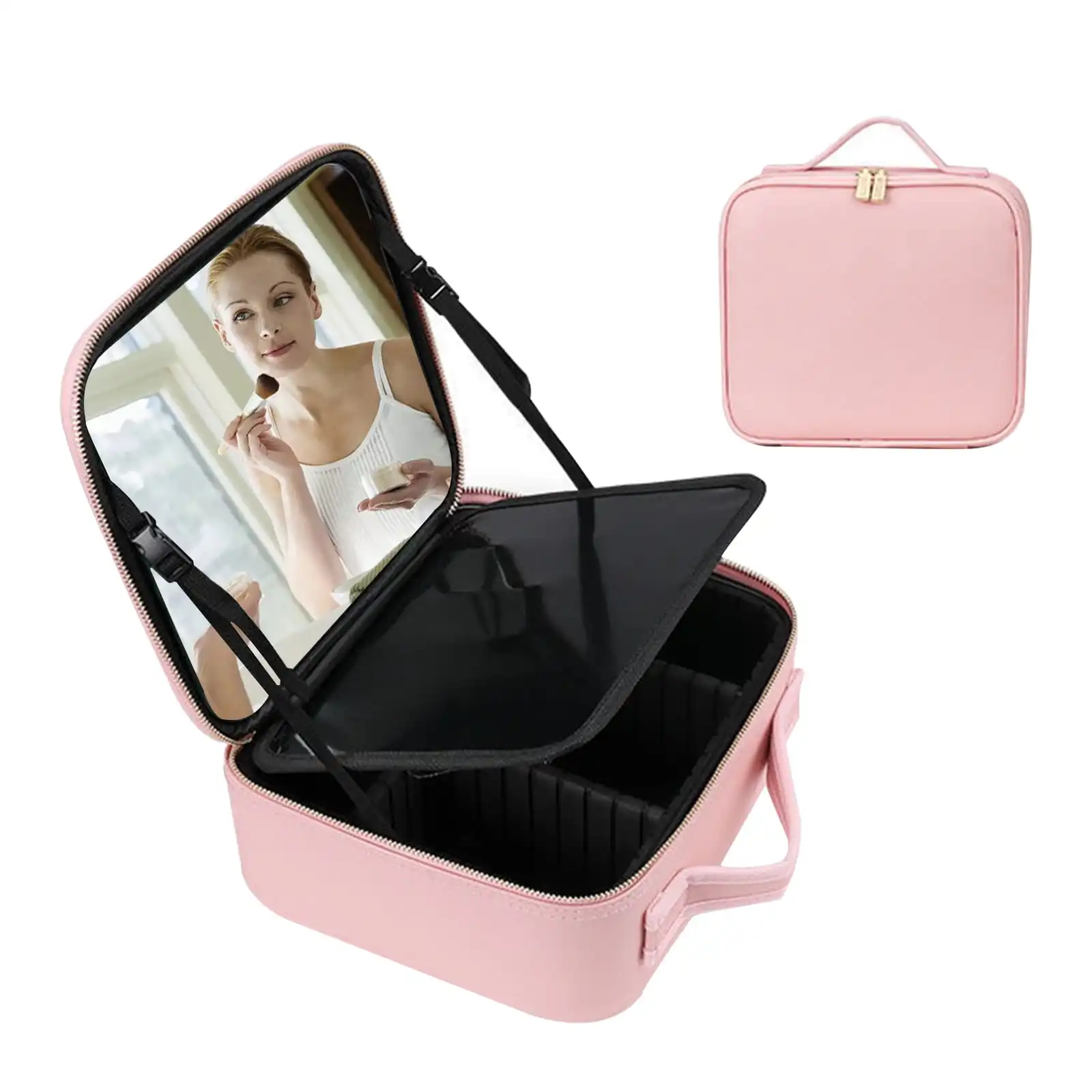 2024 new large capacity desktop cosmetic storage box waterproof leather travel portable makeup bag case with LED light mirror