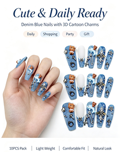 Faux ongles à presser longs et effilés, texture denim, avec breloques 3D chat et dauphin, strass, personnalisables, marque privée, vente en gros - Product Image 5