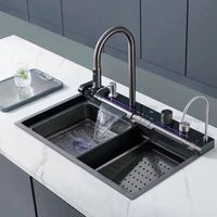 Évier de cuisine sous plan en acier inoxydable 201/304 à cuve unique avec robinet cascade intelligent multifonctionnel fait main noir – Garantie 5 ans