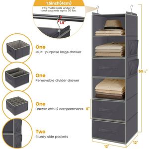 Organizador de Armario Colgante de 6 Niveles, No Tejido, con 3 Cajones y Bolsillos Laterales, Estante Colgante Plegable para Guardar Ropa en el Dormitorio - Product Image 3