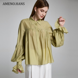 <span class=keywords><strong>AMENO</strong></span> Blouses en mousseline de soie à manches longues de couleur unie à volants pour femmes pour l'été - Product Image 4