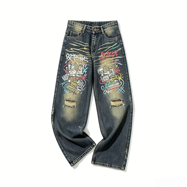Wholesale Men's Streetwear Denim Jeans with Colorful Graffiti Graphic Distressed Ripped Pants for Retailers