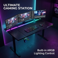 Bureau électrique réglable en hauteur AOR avec bande LED intégrée, surface en acier inoxydable, design moderne, extensible, pour usage commercial et bureautique