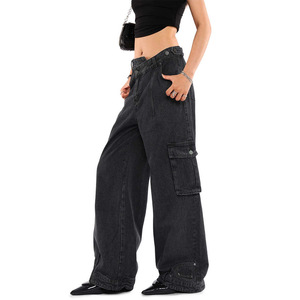 Vendita all'ingrosso su misura stile Street a vita bassa grandi pantaloni neri Cargo Jeans donna <span class=keywords><strong>con</strong></span> Jeans strappati donna per tutta la stagione - Product Image 5