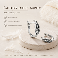 Boucles d'oreilles créoles pour femme en argent sterling 925, motif aile d'ange et plume oxydée, style rétro punk, vente en gros