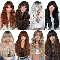 Perruque synthétique longue et bouclée pour femme, dégradé noir et marron, ondulations profondes, boucles françaises, franges, couvre-tête complet – Grande Vente