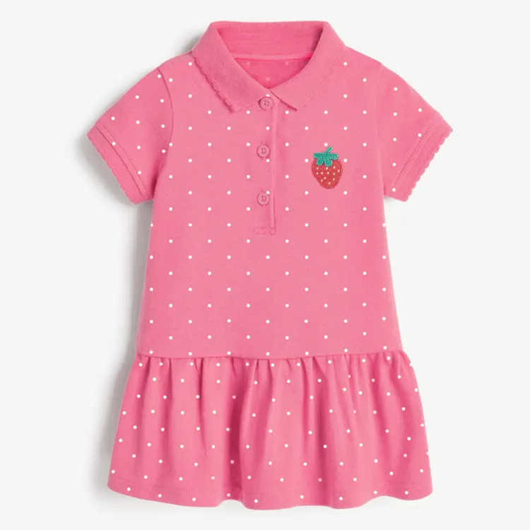2022 summer lovely 100% cotton pink Lapel collar short-sleeved girls dresses cartoon pattern baby girl dress