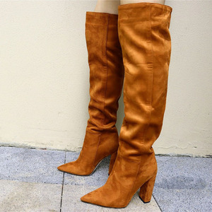 Bottes pour femmes en daim massif à talon épais, rouges, à talon haut, cuissardes, à enfiler, avec fourrure courte, pour l'hiver, au-dessus du genou - Product Image 4