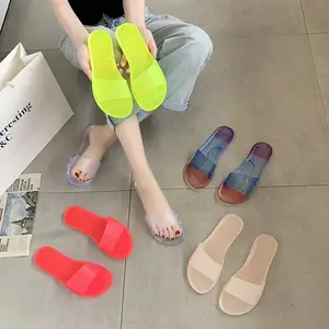 T1478 sandal kristal transparan ukuran besar baru dengan sandal jepit tumit datar sepatu wanita