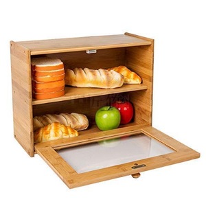 Boîte de rangement pour pain en bambou à 2 niveaux avec porte en verre, organisateur alimentaire de cuisine, conteneur de présentation - Product Image 1