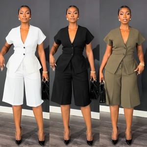 新作カジュアルレディースストレートパンツ2ピースセットファッション半袖コート膝丈ワイドレッグパンツエレガントなストリートウェア - Product Image 5