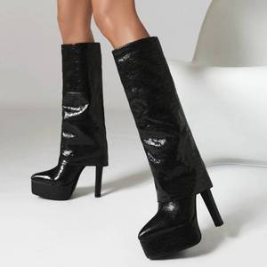 Shiny Bling Style Botas Mujer Cut Pants Thick Sole Sexy Stilettos Knee High Women Custom Platform <b>Boots</b> - Product Image 3