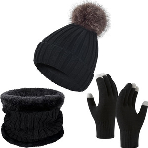 Tre pezzi Set di cappello lavorato a maglia invernale caldo protezione per le orecchie da <span class=keywords><strong>donna</strong></span> <span class=keywords><strong>guanti</strong></span> da <span class=keywords><strong>donna</strong></span> - Product Image 2