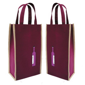 Sac fourre-tout double pour vin et champagne en non-tissé bordeaux avec impression de bouteille, sac de courses réutilisable avec poignée en sangle PP - Product Image 1