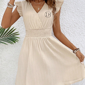 Vestido Elegante Beige de Verano para Mujer, Corte en A, Cuello en V, Manga Corta, Ajustado, Informal, con Hombros Fruncidos - Product Image 2