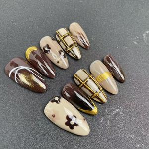 <span class=keywords><strong>Uñas</strong></span> Postizas Hechas a Mano de Alta Calidad al por Mayor, Forma de Almendra, <span class=keywords><strong>Color</strong></span> Café, Estilo Pintado a Mano, Reutilizables - Product Image 2