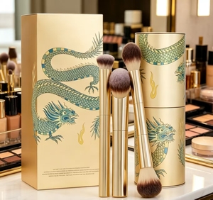 Ensemble de pinceaux de <span class=keywords><strong>maquillage</strong></span> Dragon Complexion Essentials, pinceaux dorés avec support et boîte <span class=keywords><strong>pour</strong></span> fond de <span class=keywords><strong>teint</strong></span>, blush et poudre - Product Image 3