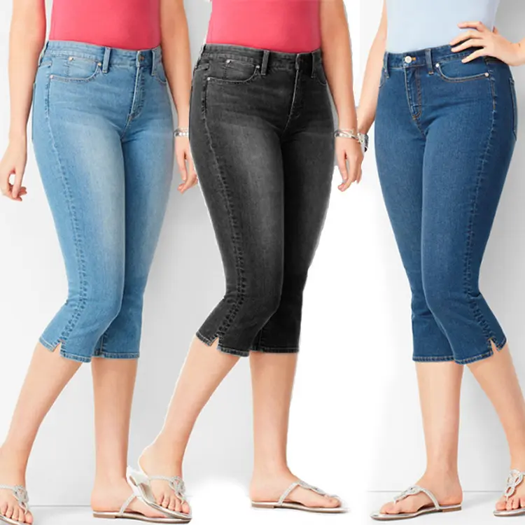 Atacado Verão Mulheres Denim Cropped Calças Jeans Midi Cintura Shorts Retro Botão Bolsos Stretch Slim Casual Calças