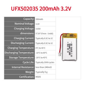 Çin Lipo hücre üreticisi profesyonel özelleştirmek göz masaj pil UFX 502035 200mAh 3.2V LiFePo4 pil - Product Image 2