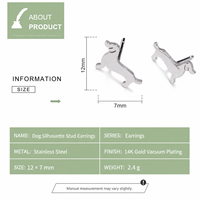 Boucles d'oreilles clous pour femme en acier inoxydable plaqué or 14K sous vide, motif chien, 12 x 7 mm, 2,4 g