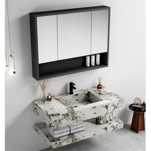 Ensemble de meuble-lavabo mural double couche gris CR avec vasque en pierre intégrée et armoire miroir - Product Image 1