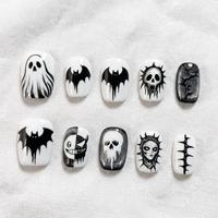 Faux ongles en acrylique à presser, courts, design carré, pour Halloween, peints à la main, motifs chauve-souris, fantôme, toile d'araignée, avec colle