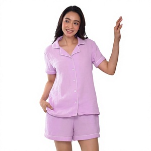 Conjunto de Pijama de Algodón Lavanda para Mujer, Manga Corta, con Botones, Ropa de Dormir de Verano - Product Image 1