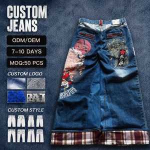 Jeans da Uomo OEM Stile Y2K, Pantaloni in Denim Multi-<span class=keywords><strong>Tasca</strong></span> con Ricami e Stampe, Gamba Larga Vintage Lavata - Product Image 1