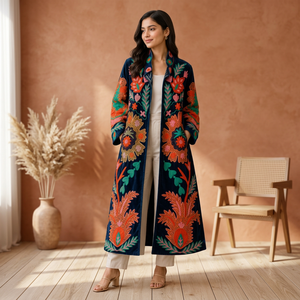 <b>Women</b> Hand Embroidered Suzani <b>Velvet</b> Coat Royal Blue Floral Paisley Motif Long Duster <b>Jacket</b> Open Front Kimono Robe Boho Winter - Product Image 2