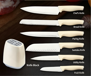 Ensemble de 7 couteaux de chef, de tranchage et de dégrossissage en acier inoxydable beige crème, avec bloc ovale en forme de galet, 6-7,9 pouces, 30Cr13 poli - Product Image 2
