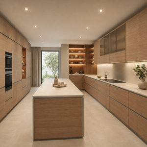 Gabinetes <span class=keywords><strong>de</strong></span> Cocina Personalizados en Chapa <span class=keywords><strong>de</strong></span> Madera Marrón con Isla <span class=keywords><strong>de</strong></span> Cocina Larga y Almacenamiento en Pared <span class=keywords><strong>de</strong></span> Madera - Product Image 6