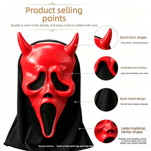 Máscara de Fantasma con Cuernos de <span class=keywords><strong>Diablo</strong></span> Rojo, Inspirada en Películas de Terror, Máscara de Scream con Capucha Negra para Cosplay de Halloween y Accesorios para Casas Encantadas - Product Image 1