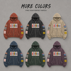 Felpa con cappuccio da <span class=keywords><strong>uomo</strong></span> OEM Americana Road Trip con zip, stampa DTG, applicazione badge, rivetti in metallo, strass, effetto sbiadito rosso mattone, lavaggio distressed - Product Image 4