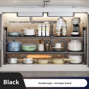 Carbon Steel Double Tier Standing <b>Kitchen</b> <b>Storage</b> Rack Organizer Removable Tray <b>Storage</b> <b>Unit</b> Multifunction Cleaning Tools - Product Image 4