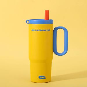 Insulated Travel Car <b>Macaron</b> Handle Tumbler 24oz 720ml Mug Lid Straw Anti-Slip Custom ODM OEM Pastel Tone - Product Image 3