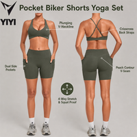 Ensemble de yoga 2 pièces pour femme : Soutien-gorge de sport à col en V et dos croisé, et short cycliste taille haute avec poches latérales – Tenue de sport et d'entraînement