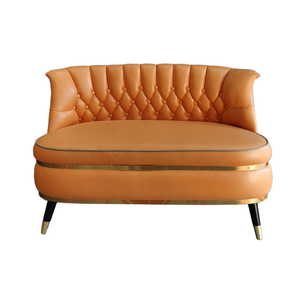 Tufted Genuine Leather Chesterfield <b>Sofa</b> Two Seat Oval Shape Midcentury Modern Design Curved Arms Metal <b>Legs</b> - Product Image 1