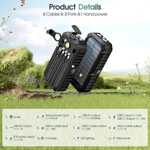 Banque d'alimentation solaire à manivelle 20000mAh, charge rapide 20W, éclairage LED 480Lm, avec boussole intégrée, 4 câbles, étanche - Product Image 6